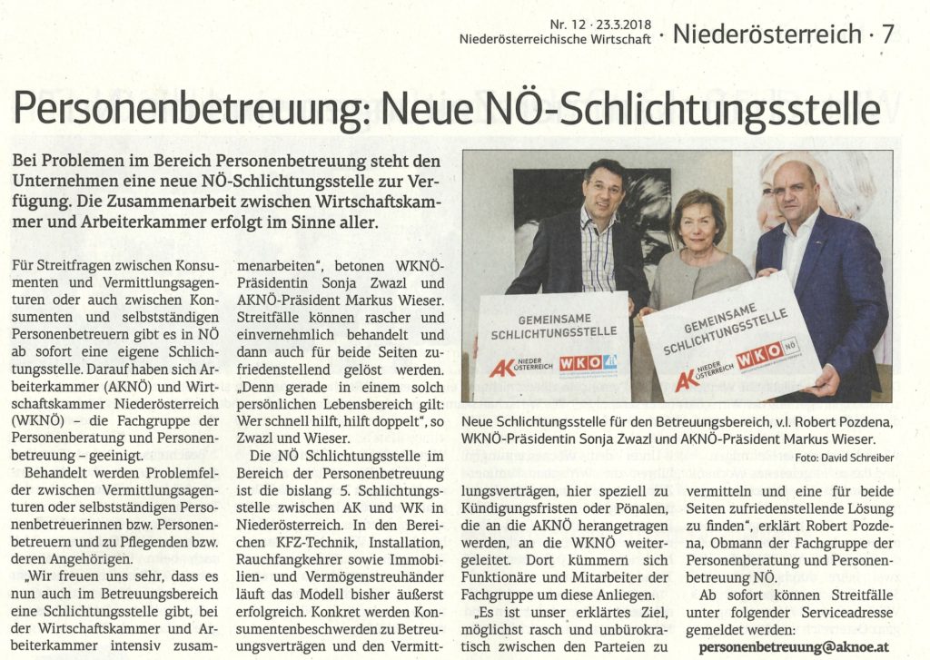 Neue Schlichtungsstelle für Personenbetreuer in Niederösterreich